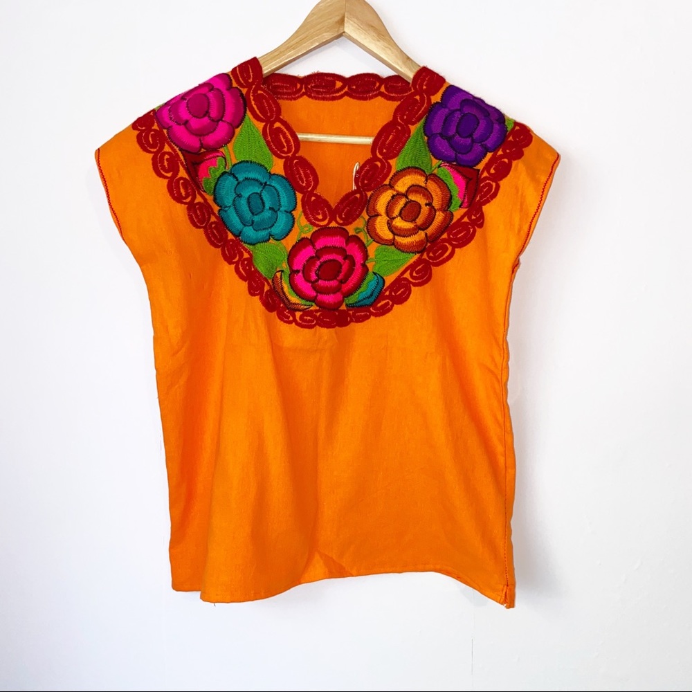 Mexican Traditional Handsewn Turquoise Flower Top